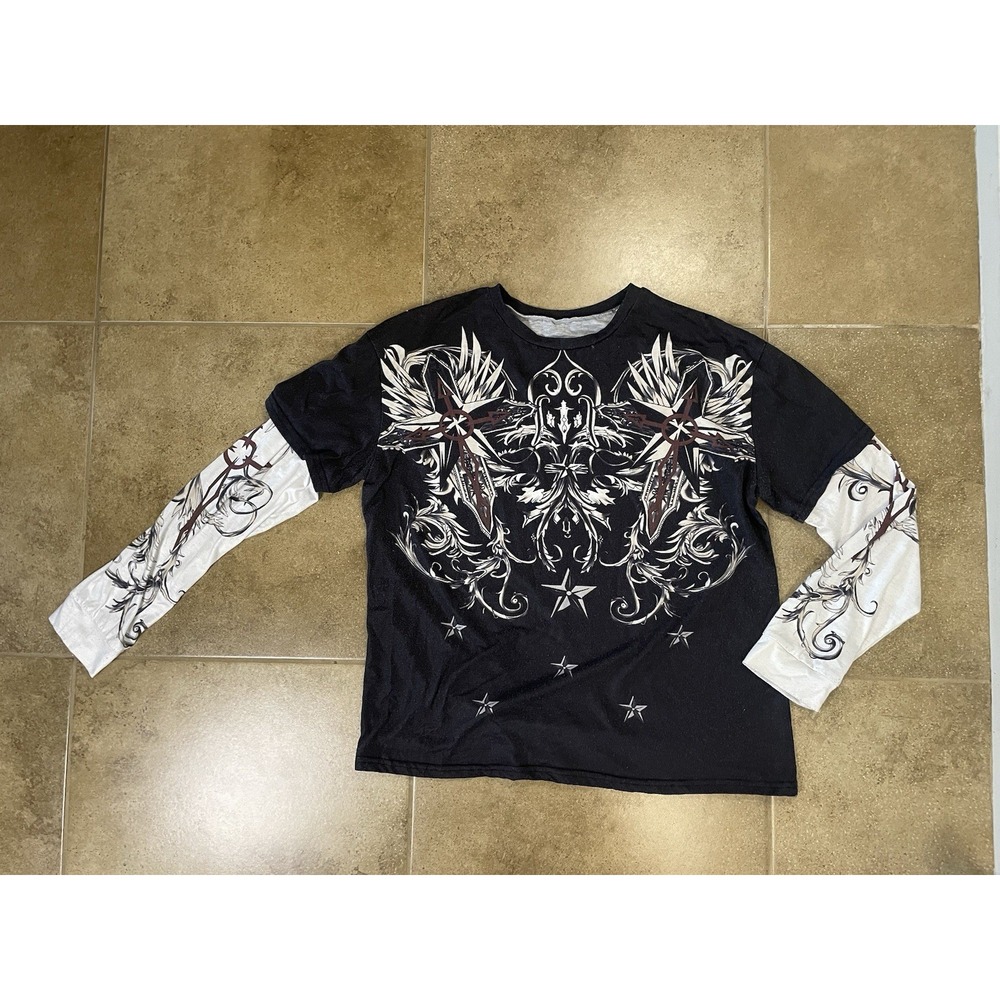 Graphic Tee Double Layer Long Sleeve Shirt Men's M Black Goth Y2k Style